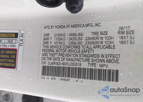 2017 Honda Cr-V Touring из США, поврежденный, VIN 5J6RW2H90HL050518